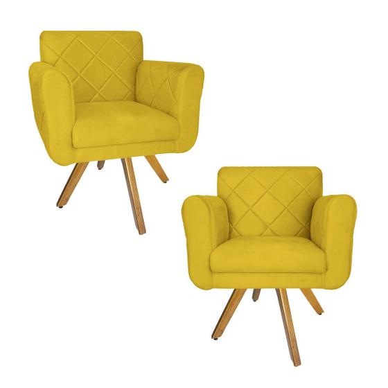 Imagem de Conjunto 2 Poltrona Decorativa Com Base Giratória De Madeira Isabella Suede Amarelo - LM DECOR