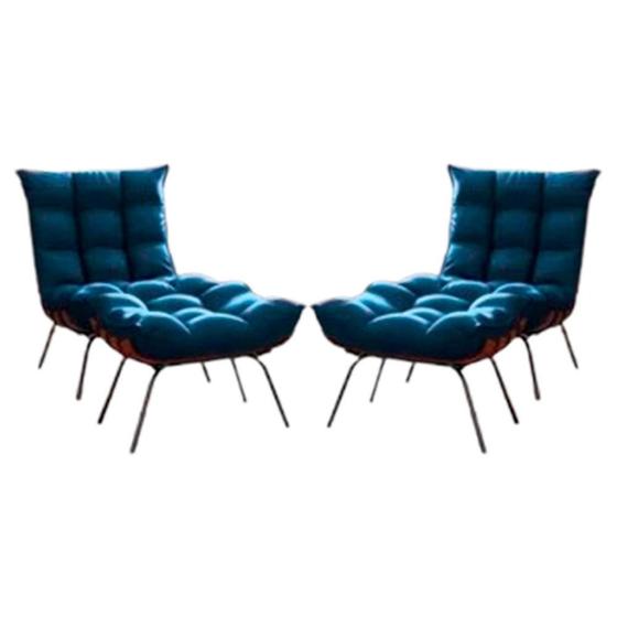 Imagem de Conjunto 2 Poltronas Costela Com Puff Tecido Veludo Azul