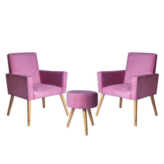 Imagem de Conjunto 2 Poltronas Decorativas Nina e 1 Puff Redondo Pés Palito Suede Rosa Moraes Decor