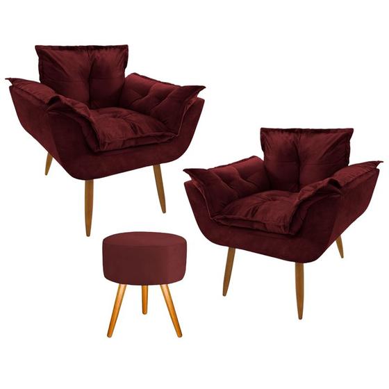 Imagem de Conjunto 2 Poltronas Decorativas Opala e 1 Puff Redondo Pés Palito Suede Vicky Decor