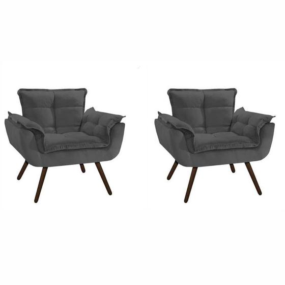 Imagem de Conjunto 2 Poltronas Decorativas Para Sala Opala Pés Palito Suede Cinza VickyDecor