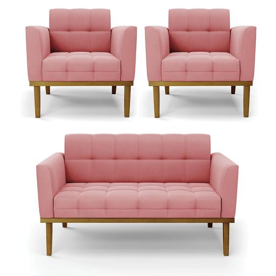 Imagem de Conjunto 2 Poltronas e 1 Namoradeira Decorativa Karen Pés Fixo em Madeira Castanho Suede Rose G19 - Gran Belo