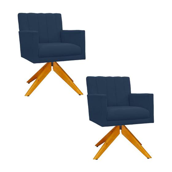 Imagem de Conjunto 2 Poltronas Estofadas Base Giratória De Madeira Cecília Suede Azul Marinho - DL DECOR