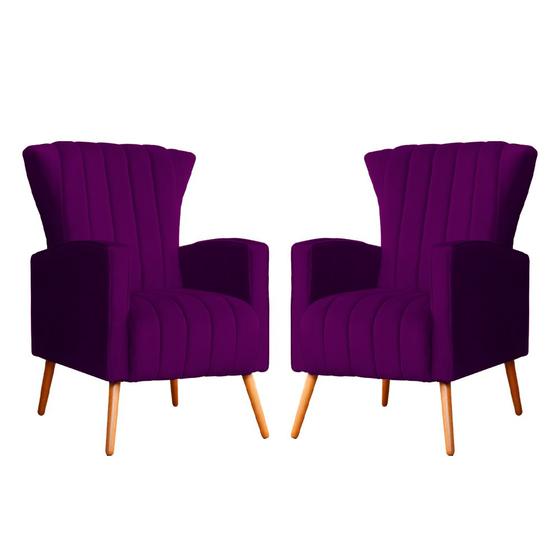 Imagem de Conjunto 2 Poltronas Estofadas Melinda Com Pés Palito Veludo Roxo - DL DECOR