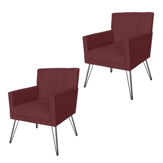 Imagem de Conjunto 2 Poltronas Estofadas Para Clínica Pés de Ferro Luiza Suede Vermelho Bordo - DL Decor