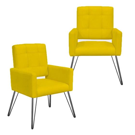 Imagem de Conjunto 2 Poltronas Estofadas Para Consultório Pés de Ferro Camila Suede Amarelo - LM DECOR