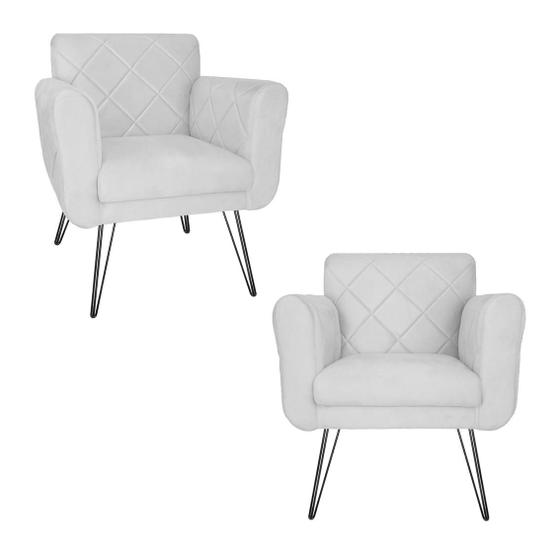 Imagem de Conjunto 2 Poltronas Estofadas Para Consultório Pés de Ferro Isabella Suede Branco - DL Decor