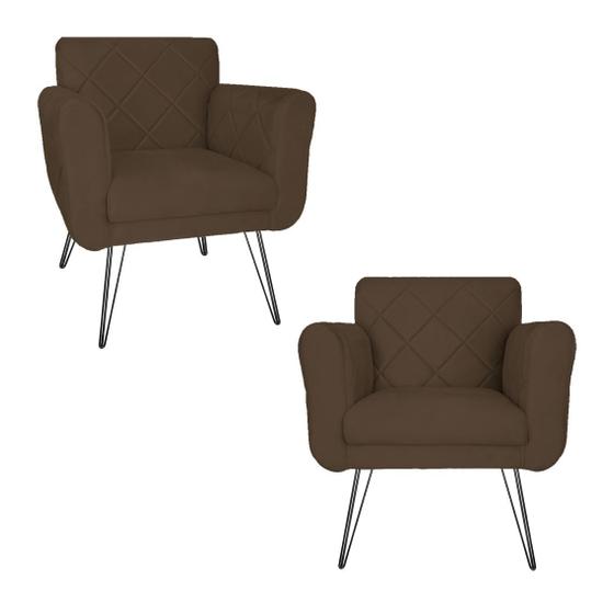 Imagem de Conjunto 2 Poltronas Estofadas Para Consultório Pés de Ferro Isabella Suede Marrom - DL Decor