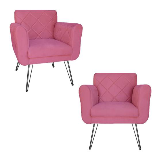 Imagem de Conjunto 2 Poltronas Estofadas Para Consultório Pés de Ferro Isabella Suede Rosa Barbie - DL Decor