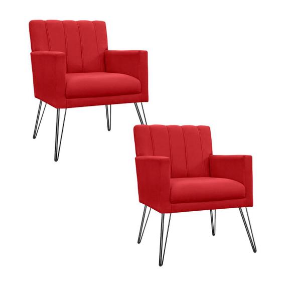 Imagem de Conjunto 2 Poltronas Estofadas Para Recepção Pés de Ferro Cecília Corano Vermelho - INCASA DECOR