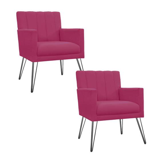 Imagem de Conjunto 2 Poltronas Estofadas Para Recepção Pés de Ferro Cecília Suede Rosa Pink - DL Decor