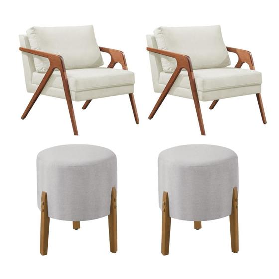 Imagem de Conjunto 2 Poltronas Mona Decorativa e 2 Puff Thor Estofado Base Madeira Maciça Linho Cru