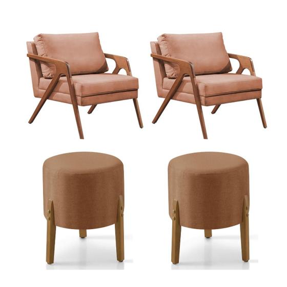 Conjunto 2 Poltronas Mona Decorativa e 2 Puff Thor Estofado Base Madeira Maciça Linho Terracota - CASA TREE Imagem de Conjunto 2 Poltronas Mona Decorativa e 2 Puff Thor Estofado Base Madeira Maciça Linho Terracota