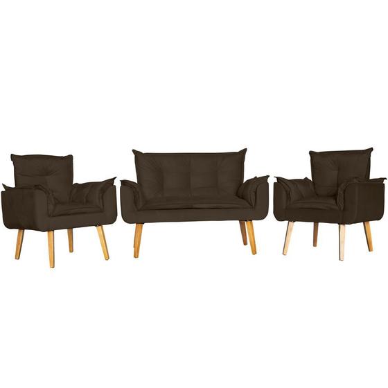 Imagem de Conjunto 2 Poltronas Para Sala Decorativa e Namoradeira Opala Suede Marrom Rt Decor