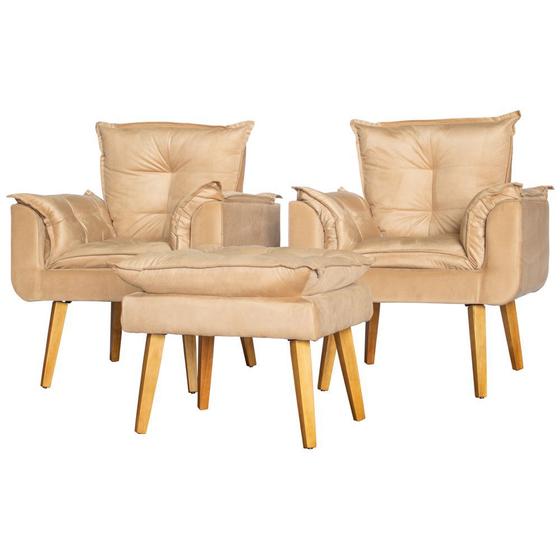 Imagem de Conjunto 2 Poltronas Para Sala Decorativa e Puff Opala Suede Bege Rt Decor