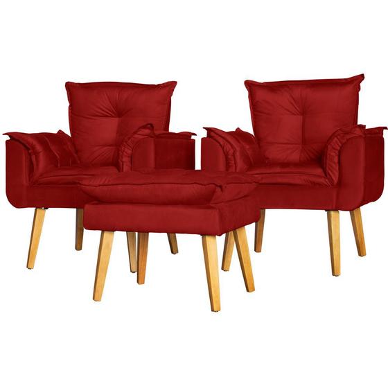 Imagem de Conjunto 2 Poltronas Para Sala Decorativa e Puff Opala Suede Vermelho Escuro Rt Decor