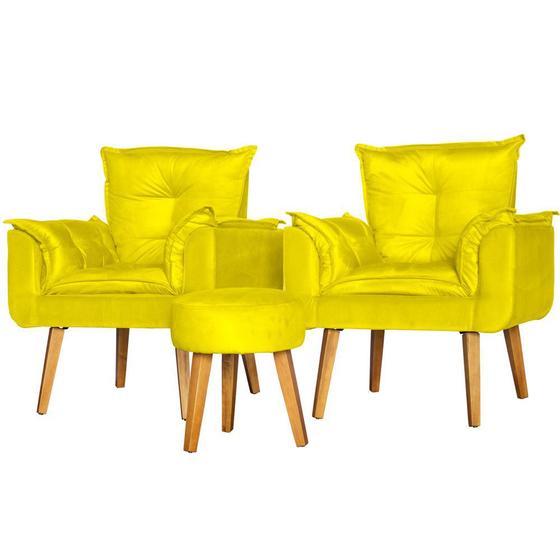 Imagem de Conjunto 2 Poltronas Para Sala Decorativa Opala e Puff Redondo Suede Amarelo Click Pol