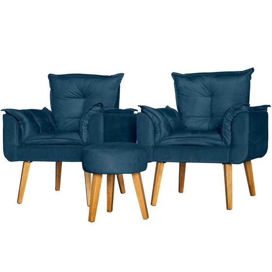 Imagem de Conjunto 2 Poltronas Para Sala Decorativa Opala e Puff Redondo Suede Azul Click Pol