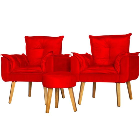 Imagem de Conjunto 2 Poltronas Para Sala Decorativa Opala e Puff Redondo Suede Vermelho Claro Arapol