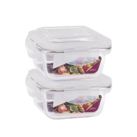 Imagem de Conjunto 2 Potes Quadrado 320 ml Marmita Fit  4 Travas