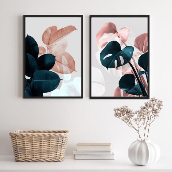 Imagem de Conjunto 2 Quadros Modernos Folhas PetróleoRosê 33x24cm - com vidro