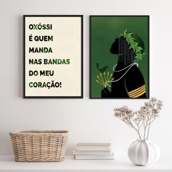 Imagem de Conjunto 2 Quadros Oxóssi É Quem Manda No MeuCoração 24x18cm - com vidro