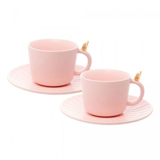 Imagem de Conjunto 2 Xícaras de Chá de Cerâmica Colibri com Pires Rosa 170ml Wolff