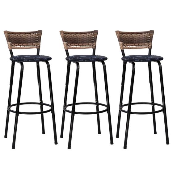 Conjunto 3 Banqueta Alta Estrutura Preta Encosto Junco Cappuccino 70cm Itagold Menor preço em Conjunto 3 Banqueta Alta Estrutura Preta Encosto Junco Cappuccino 70cm Itagold