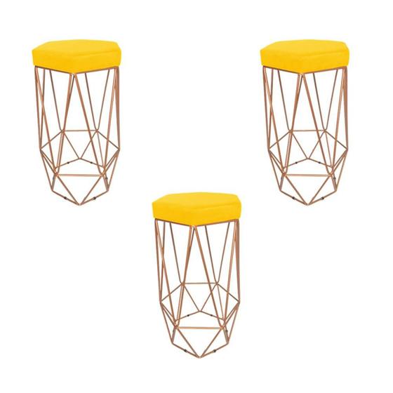 Imagem de Conjunto 3 Banquetas Decorativa Hexagonal Aramado Bronze Suede Amarelo Rocha Móveis