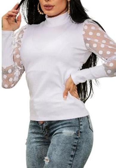 Imagem de Conjunto 3 Blusas feminina  canelada manga longa tule gola alta retrô feminino modelo