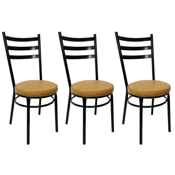 Imagem de Conjunto 3 Cadeiras de Cozinha Redonda com Reforço Preta Assento Grosso Caramelo