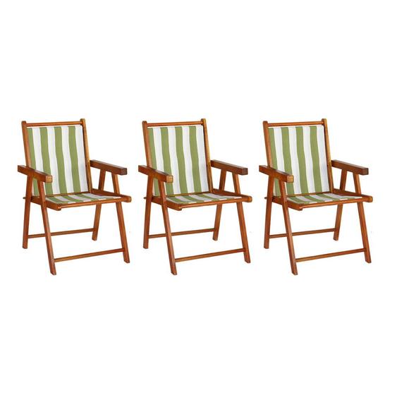 Imagem de Conjunto 3 Cadeiras Praia Dobrável em Madeira Envernizada Mel com Tecido Listrado Verde e Branco