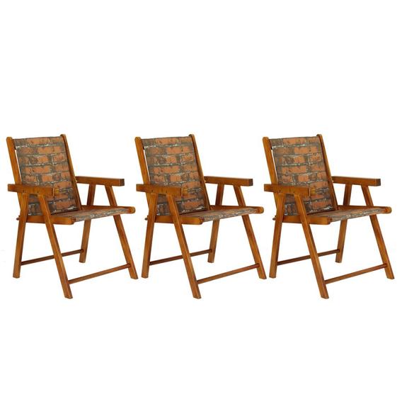 Imagem de Conjunto 3 Cadeiras Praia Dobrável em Madeira Envernizada Mel com Tecido