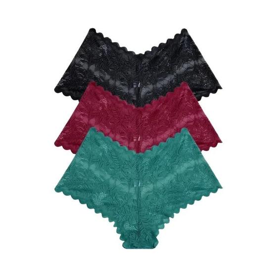 Imagem de Conjunto 3 Calcinhas Boyshorts Renda Cintura Baixa - Floral