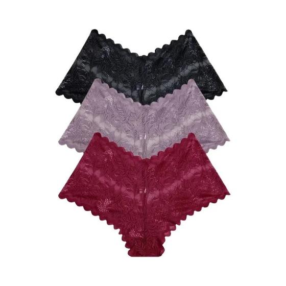 Imagem de Conjunto 3 Calcinhas Boyshorts Renda Cintura Baixa - Floral