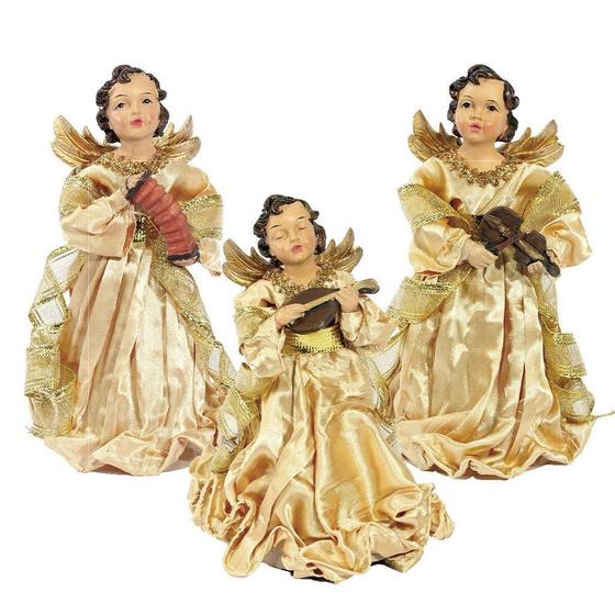 Imagem de Conjunto 3 Estátuas De Natal Decorativa Em Resina Anjos Musicais Dourados 17,5cm