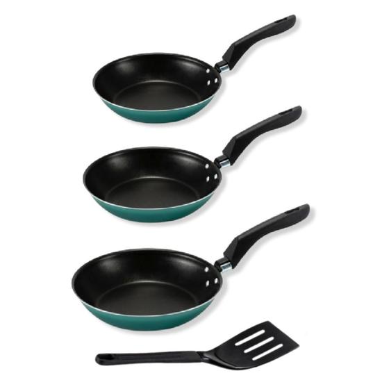 Imagem de Conjunto 3 Frigideiras Francesa Grande Com Espátula Verde Esmeralda Linha Premium J4TECH Alumínio Antiaderente Teflon Ultra Resistente 
