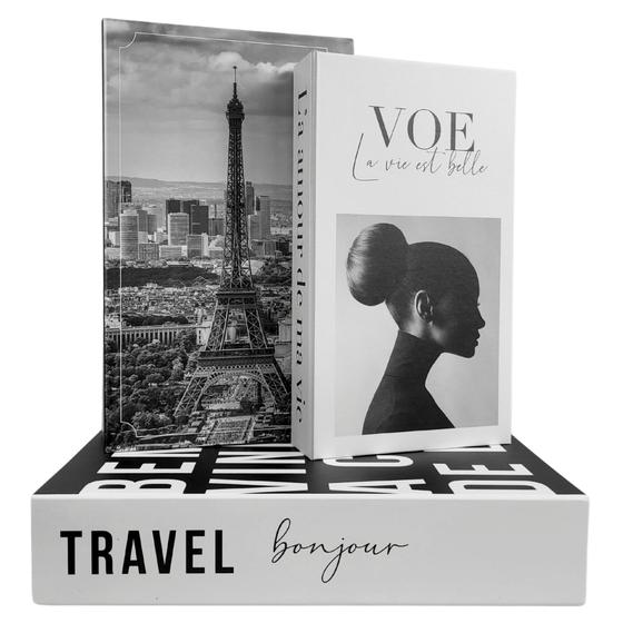 Imagem de Conjunto 3 Livros Falsos Decorativos Porta Objetos Fake Travel Bonjour