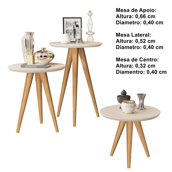 Imagem de conjunto 3 mesas sala retrô pés palito, centro, lateral e apoio havana - off white - Comprar Moveis Em Casa