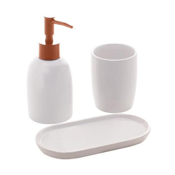 Conjunto 3 Peças Banheiro Cerâmica Londres Branco e Rose - Lyor Imagem de Conjunto 3 Peças Banheiro Cerâmica Londres Branco e Rose