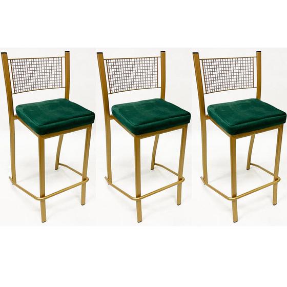 Imagem de Conjunto 3 peças Banqueta Empilhável Alta para Bar cor Dourado Fosco assento veludo verde