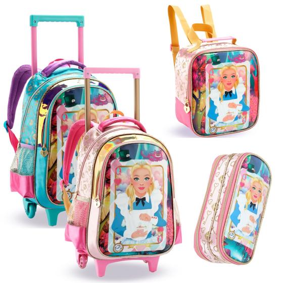 Imagem de Conjunto 3 Peças Mochila Estojo Lancheira Alice Denlex Escolar Rosa E Azul Celeste