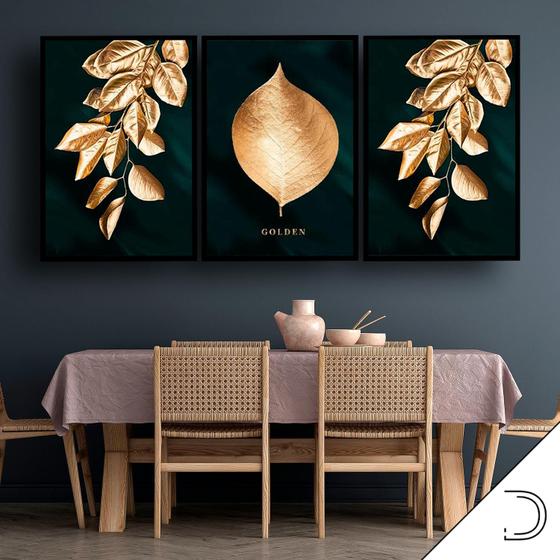 Imagem de Conjunto 3 Peças Quadros Decorativos Alta Resolução Flores Gold Decoração Kit Quadrinhos Decorativos Decoração de Parede Cozinha Sala Quarto