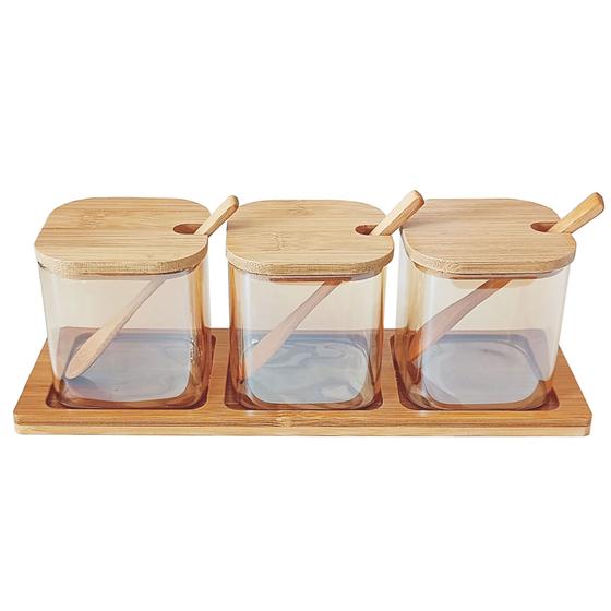 Imagem de Conjunto 3 Porta Condimentos Vidro E Bambu Com Colher