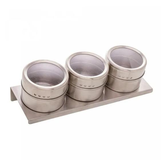 Imagem de Conjunto 3 Porta Temperos Aço Inox com Tampa Acrílico e Suporte Imantado 80ml 