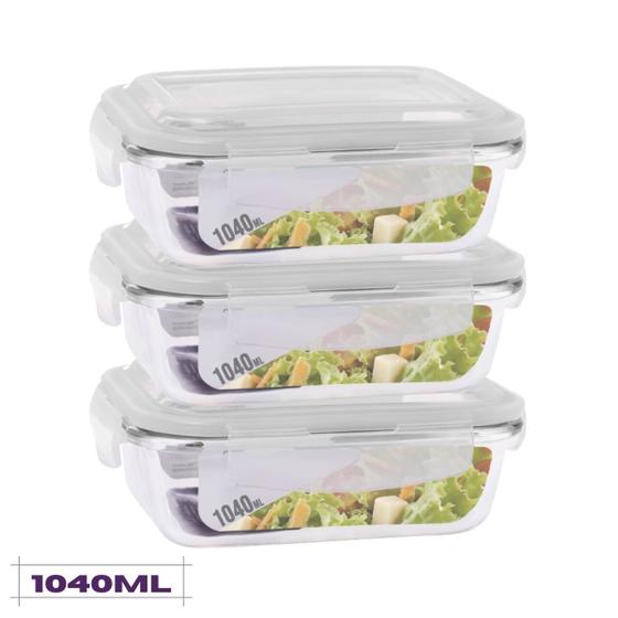 Imagem de Conjunto 3 Potes 1040 ml Hermético Vidro Tampa c/ 4 travas