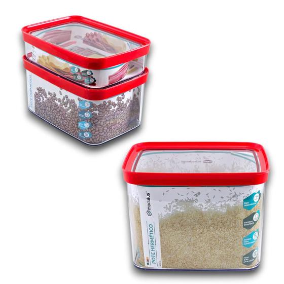 Imagem de Conjunto 3 Potes Herméticos Para Alimento Mantimento de Cozinha Vermelho