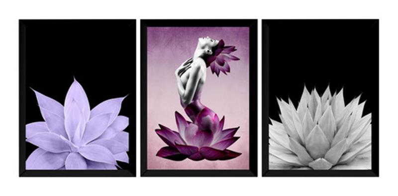 Imagem de Conjunto 3 Quadros Arte Planta Lotus Mulher & Natureza