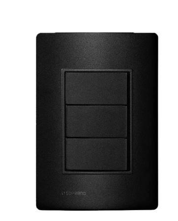Imagem de Conjunto 3 Teclas Interruptor Simples Embutir Revitá Soprano Preto Carbono