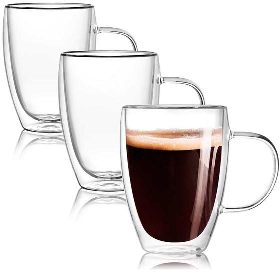 Imagem de Conjunto 3 Xícaras Parede Dupla de Vidro 350 ML Jogo de Xicaras para Café Expresso Chá cappuccino 